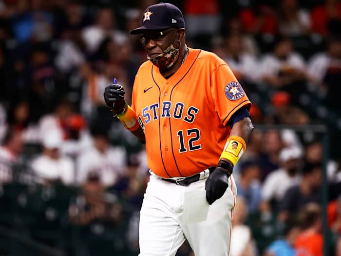 Sep 17, 2021; Houston, Texas, USA; Houston Astros manager Dusty Baker Jr. (12) walks off the field after the ninth inning against the Arizona Diamondbacks at Minute Maid Park.